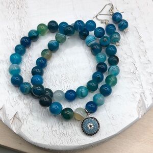 Evil eye charm agate beaded stretch bracelets and earrings-artisan, boho.